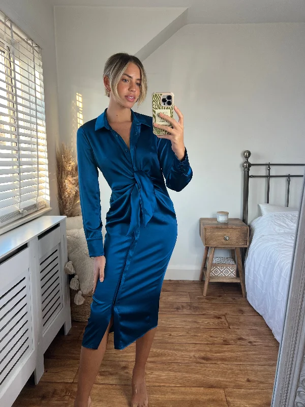 Women's midi dress belted -Cassie Tie Front Midi Dress / Peacock Blue