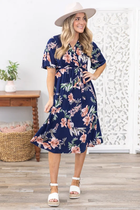 Women's midi dress punk -Navy Floral Faux Wrapped Midi Dress