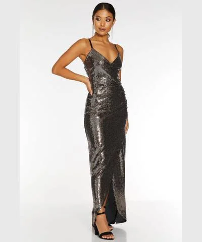 Ladies maxi dress quiet -Rose Gold Sequin Wrap Maxi Dress