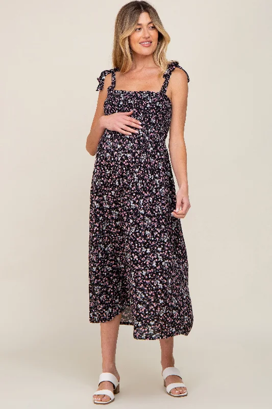 Women's maternity dress 70s style -Black Micro Floral Smocked Maternity Dress