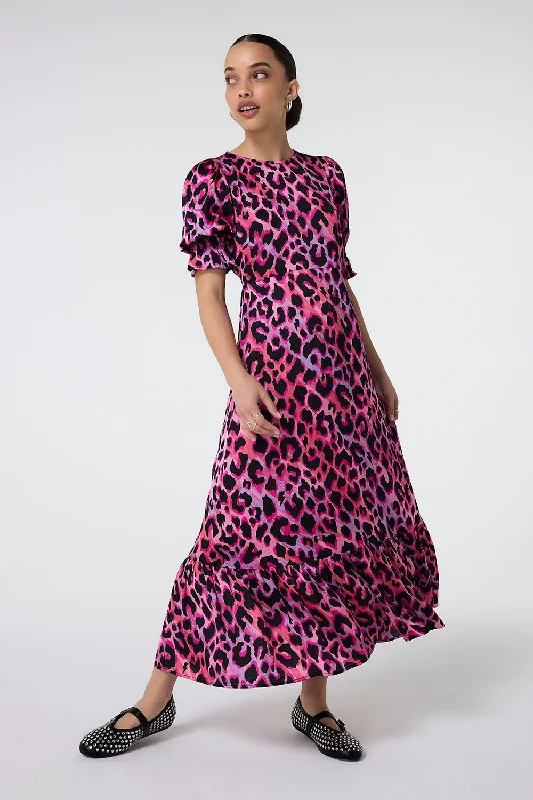 Women's midi dress floral print -Pink and Lilac with Black Shadow Leopard Flute Sleeve Midi Dress