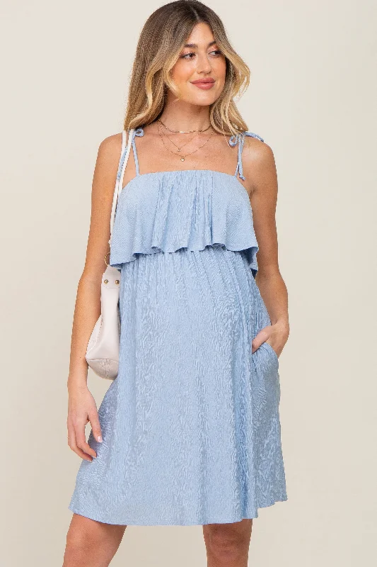 Women's maternity dress flared skirt -Light Blue Ruffle Overlay Shoulder Tie Maternity Dress