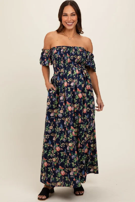 Women's maternity dress knot detail -Navy Blue Floral Off Shoulder Maternity Dress