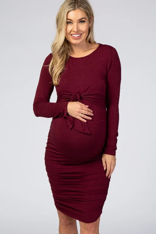 Women's maternity dress chiffon -Burgundy Ruched Fitted Front Bow Maternity/Nursing Dress