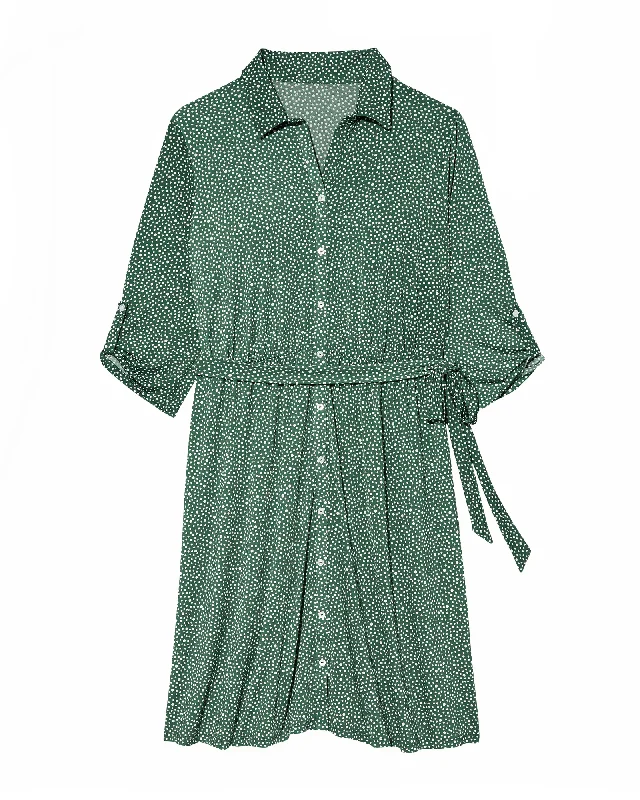 Women's shirt dress vintage stripe -Midland Tabbed Sleeve Shirt Dress | Forest Green / White