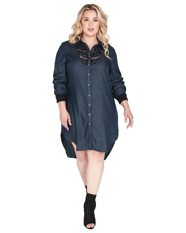 Women's shirt dress vintage wash -Harper Long Sleeve Collared Denim Shirt Dress | Blue