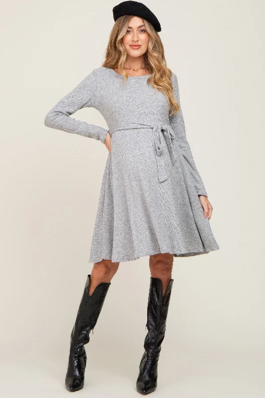 Women's maternity dress cozy -Heather Grey Soft Rib Knit Sash Tie Maternity Dress