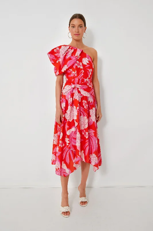 Women's midi dress shift -Dew Drop Floral Red Midi Dress