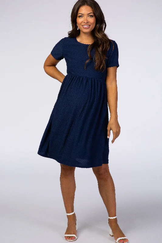 Women's maternity dress formal -Navy Swiss Dot Short Sleeve Maternity Dress