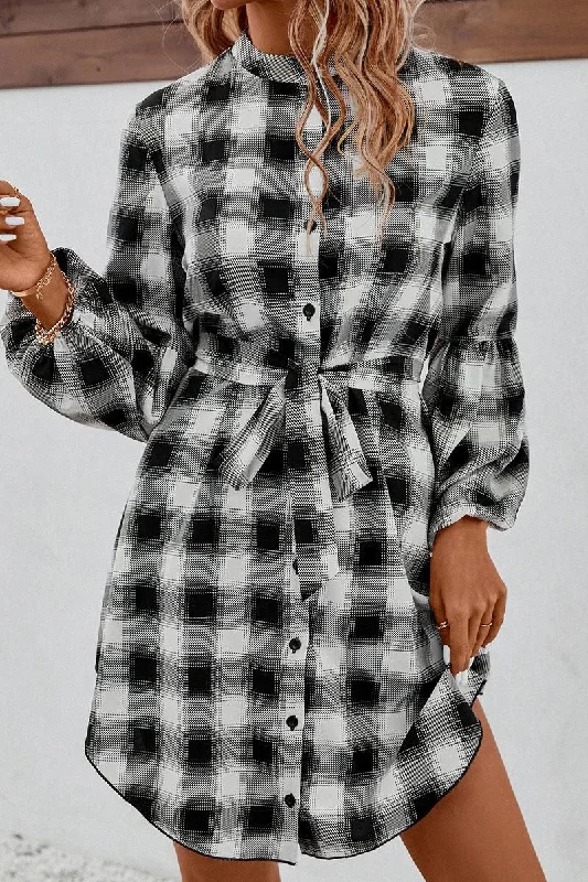 Women's shirt dress subtle polka -HIGH NECK PLAID BALLOON LONGSLEEVE DRESS SHIRTS