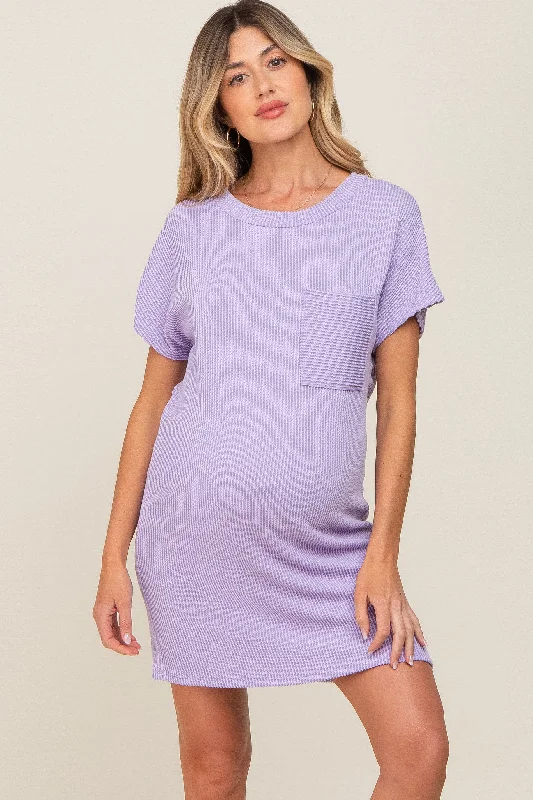 Women's maternity dress tropical -Lavender Ribbed Front Pocket Dolman Short Sleeve Maternity Dress