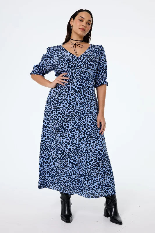 Women's midi dress plaid -Blue with Black Floral Leopard Flute Sleeve Midi Tea Dress