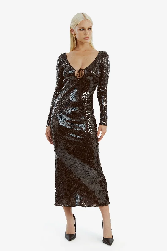 Ladies maxi dress handkerchief hem -Verona Sequin Maxi Dress - Dark Chocolate