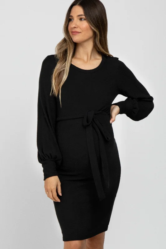 Women's maternity dress jewel tone -Black Soft Brushed Waist Tie Bubble Sleeve Maternity Dress