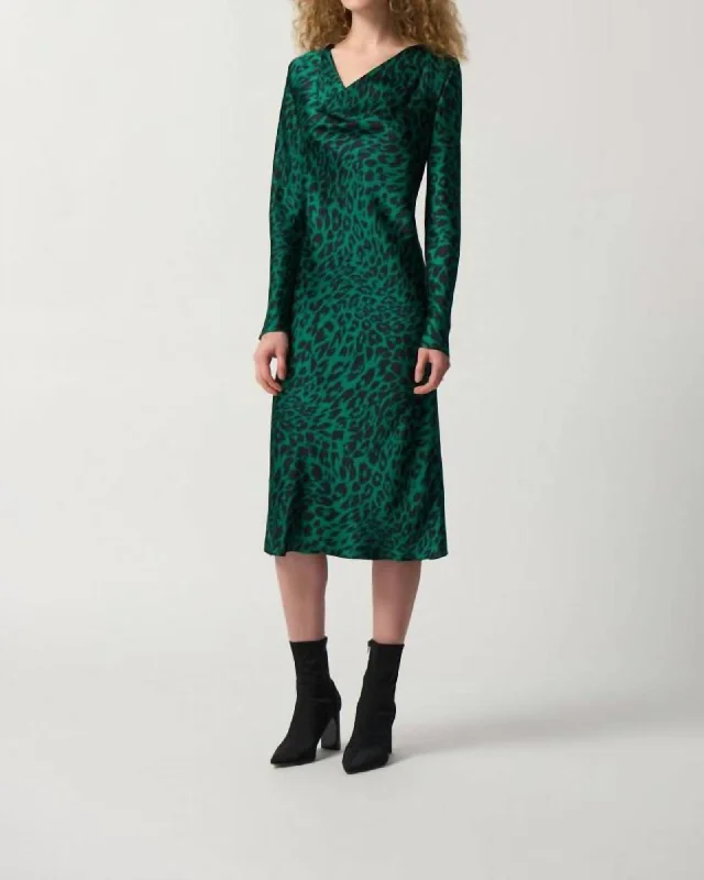 Women's midi dress red -Animal Print Cowl Neck Midi Dress In Green/Blk | Green/Blk