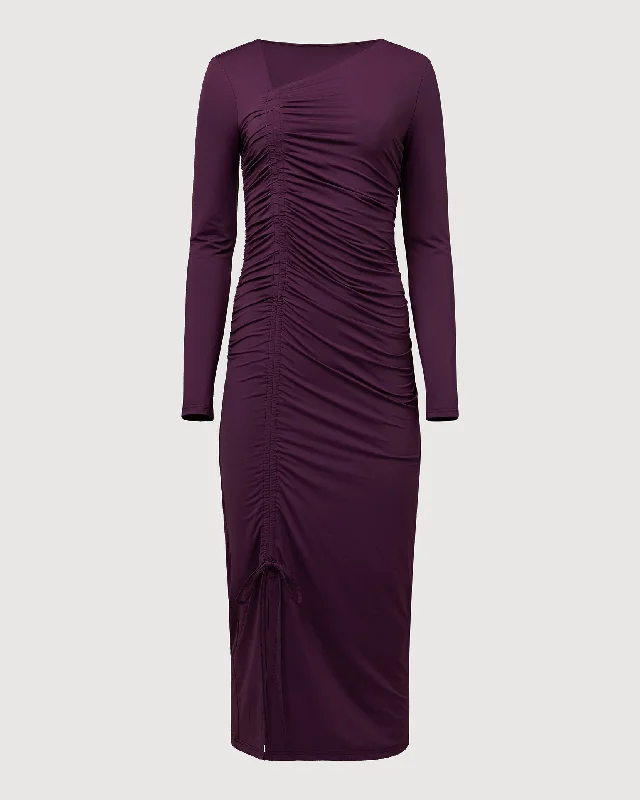 Women's midi dress velvet -Rachel Parcell | Asymmetrical Shirred Jersey Midi Dress | Plum Purple