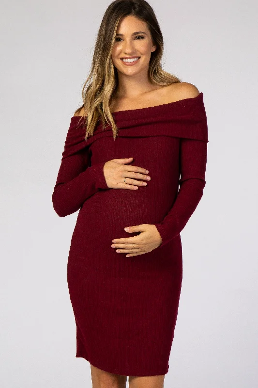 Women's maternity dress versatile -Burgundy Soft Ribbed Folded Neck Off Shoulder Maternity Dress