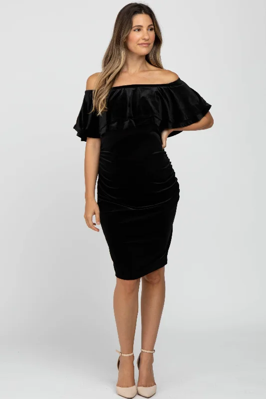 Women's maternity dress cinched waist -Black Velvet Off Shoulder Fitted Maternity Dress