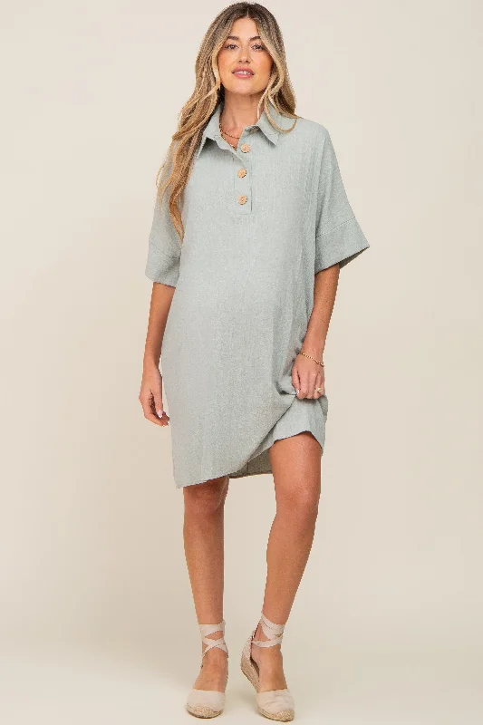 Women's maternity dress loose fit -Light Olive Linen Front Button Collared Maternity Dress