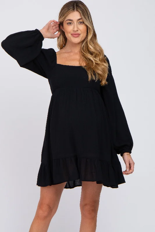 Women's maternity dress bow detail -Black Long Sleeve Square Neck Maternity Dress