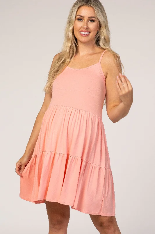 Women's maternity dress comfortable -Coral Tiered Maternity Tank Dress