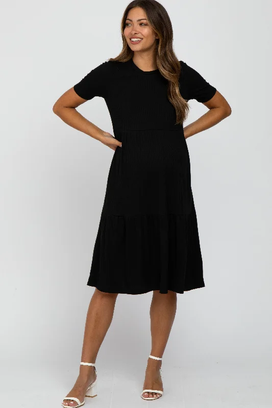 Women's maternity dress gathered neck -Black Ribbed Tiered Maternity Dress