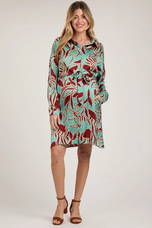 Women's maternity dress long sleeve -Brown Leaf Print Satin Button Down Maternity Dress