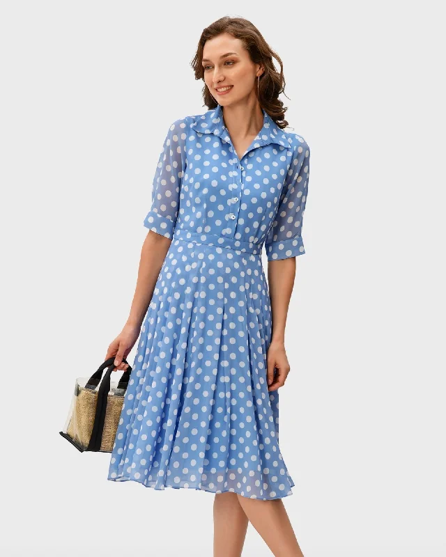 Women's shirt dress summer plaid -Polka dot print georgette shirtdress | Blue