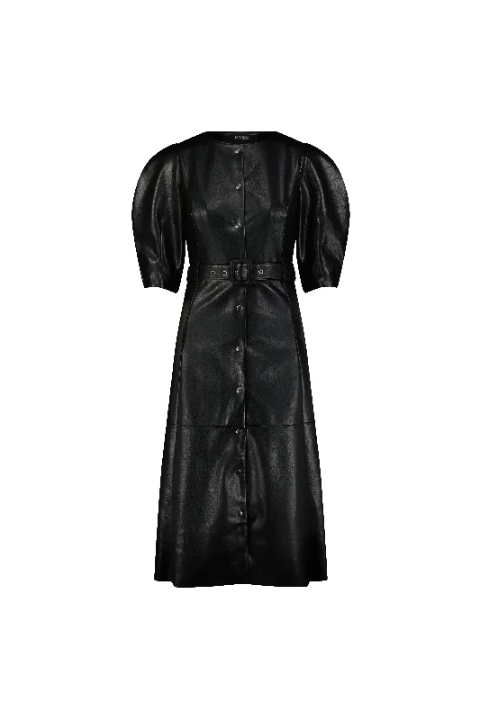 Women's midi dress denim -Vegan Leather Belted Midi Dress | Black