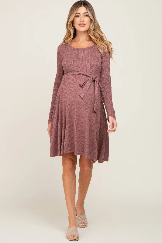 Women's maternity dress cap sleeve -Mauve Soft Rib Knit Sash Tie Maternity Dress