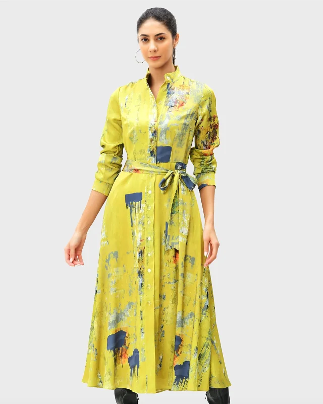 Women's shirt dress relaxed beige -Abstract art print satin A-line shirt dress | Yellow multi