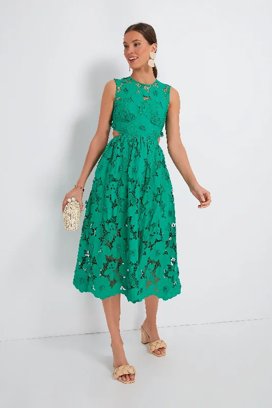 Women's midi dress distressed -Green 3D Cotton Lace Midi Dress