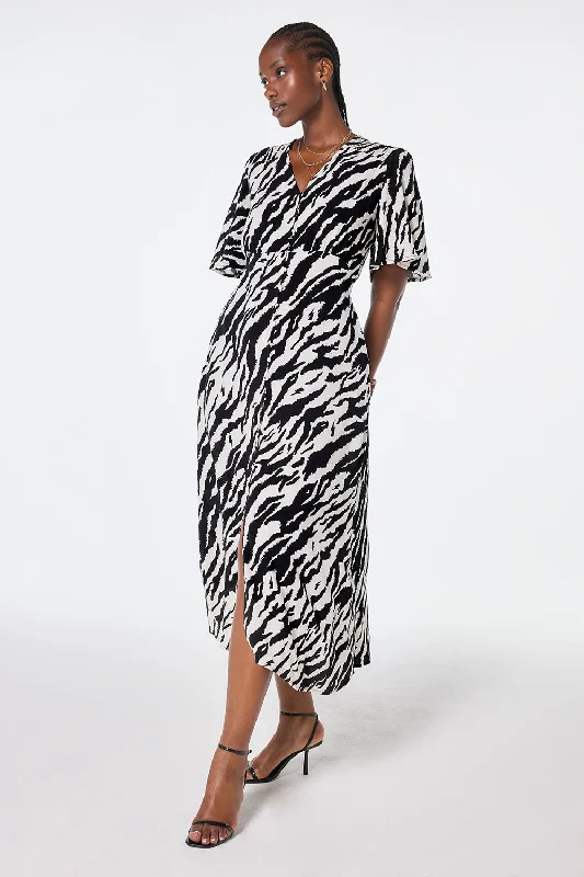 Women's midi dress heart print -Ivory with Black Shadow Tiger Angel Sleeve Midi Tea Dress