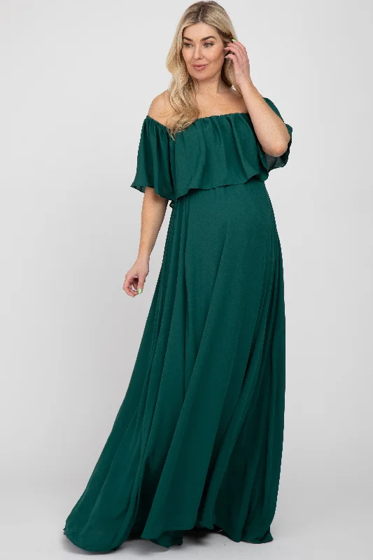 Women's maternity dress curved hem -Forest Green Chiffon Off Shoulder Maternity Gown