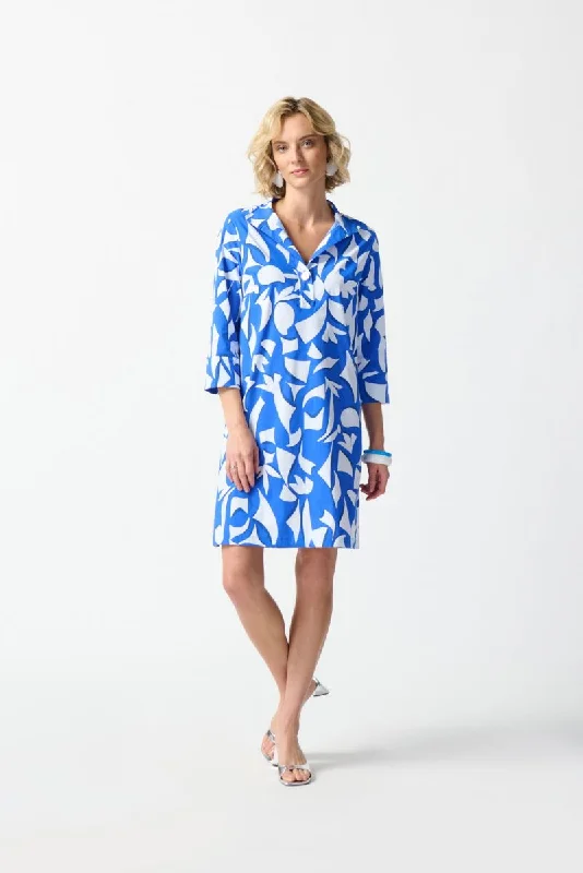 Women's shirt dress muted coral -Joseph Ribkoff Blue/Vanilla Abstract Print 3/4 Sleeve Shirt Dress 242154