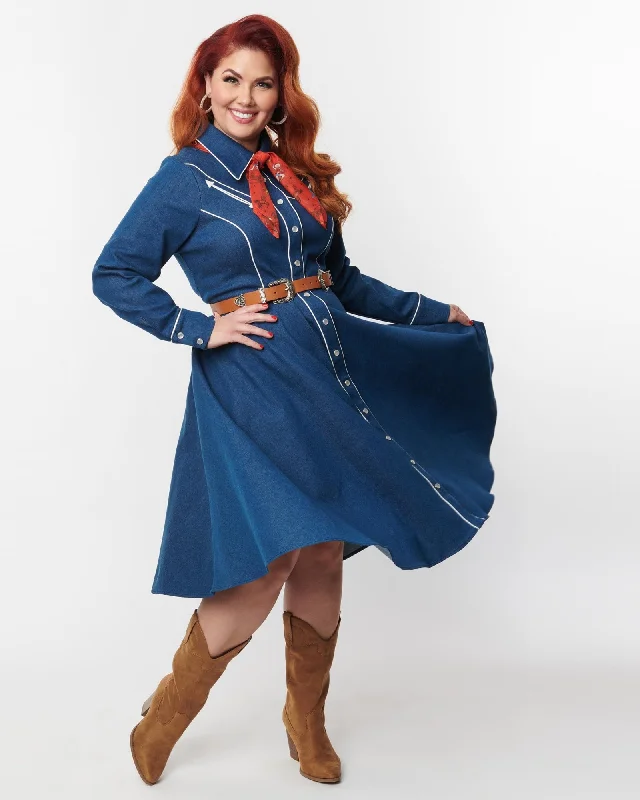 Women's shirt dress tailored plaid -Unique Vintage Plus Size Denim Western Shirt Swing Dress | Denim