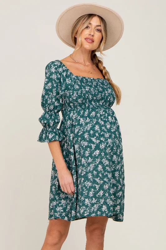 Women's maternity dress bell sleeve -Forest Green Floral Ruffle Sleeve Smocked Maternity Dress