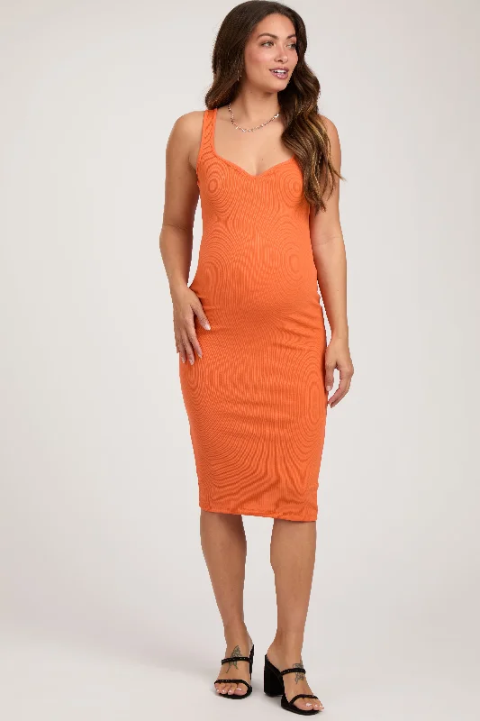 Women's maternity dress yellow -Orange Sleeveless Ribbed Fitted Maternity Dress