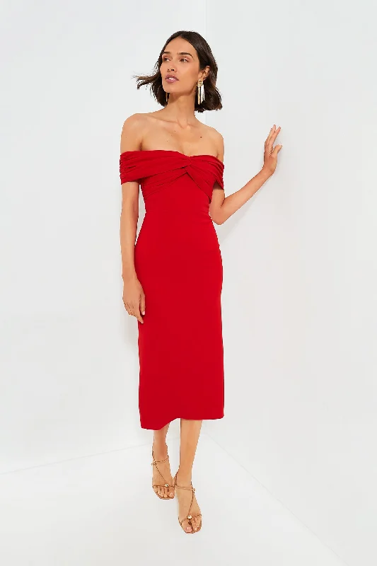 Women's midi dress velvet -Red Off the Shoulder Midi Dress