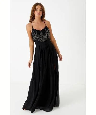 Ladies maxi dress notched neck -Embellished Maxi Dress Black