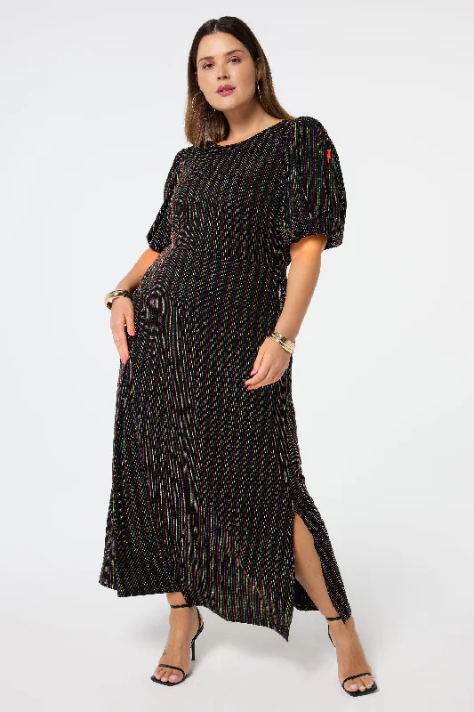 Women's midi dress luxury -Black with Rainbow Lurex Stripe Puff Sleeve Midi Dress