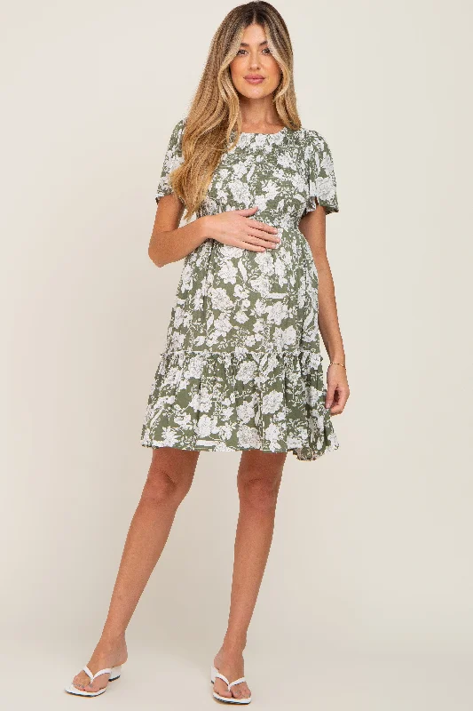 Women's maternity dress online -Light Olive Floral Smocked Ruffle Accent Maternity Dress