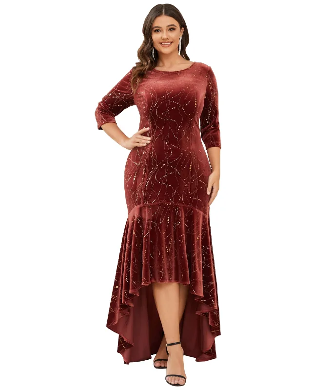 Ladies party dress keyhole -Women's Stylish Bodycon High-Low Velvet Party Dress | Brick Red