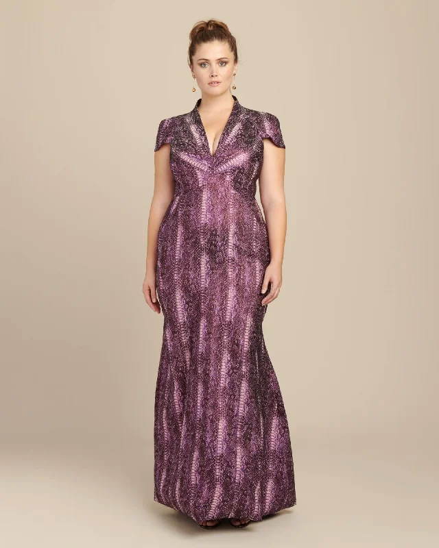 Ladies party dress trapeze -Metallic Party Jacquard Gown | Python Magenta