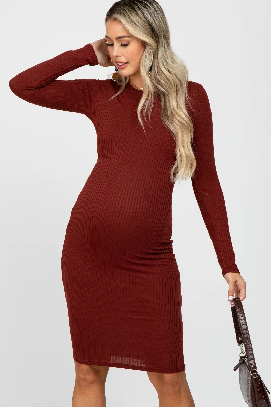 Women's maternity dress subtle print -Burgundy Ribbed Fitted Long Sleeve Maternity Dress