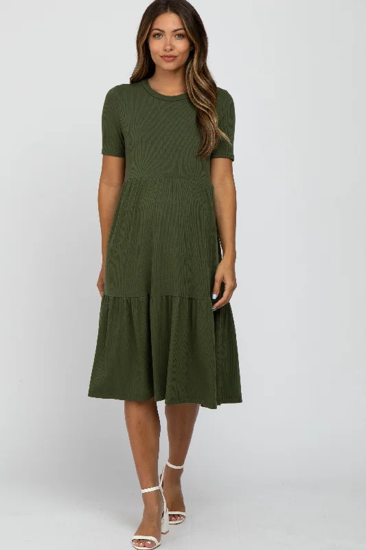 Women's maternity dress gender reveal -Olive Ribbed Tiered Maternity Dress