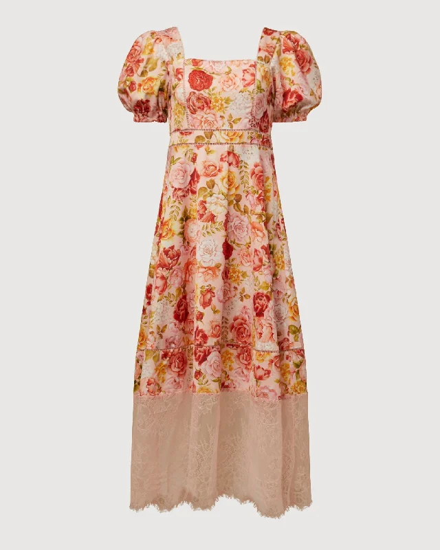 Women's midi dress party -Rachel Parcell | Puff Sleeve Lace Trim Midi Dress | Peach Blush Floral Multi