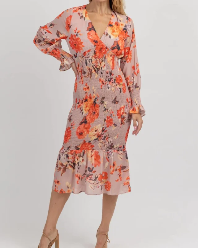 Ladies maxi dress versatile -Floral Puff Smock Maxi Dress In Coral | Coral