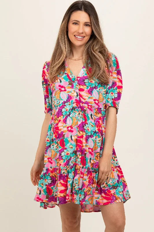 Women's maternity dress shirt style -Pink Floral Button Short Sleeve Maternity Dress