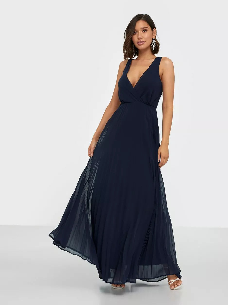 Ladies maxi dress split hem -Lace Straps Navy Pleated Maxi Dress